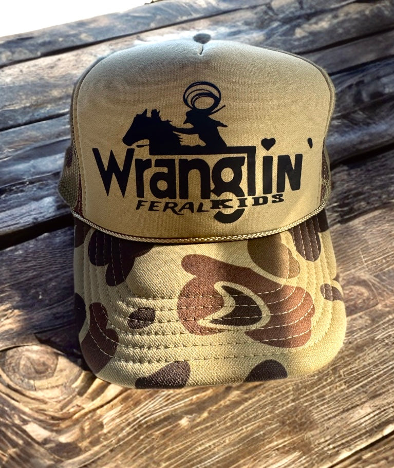 Trucker Hat Olive Green Camo Wranglin' Feral Kids