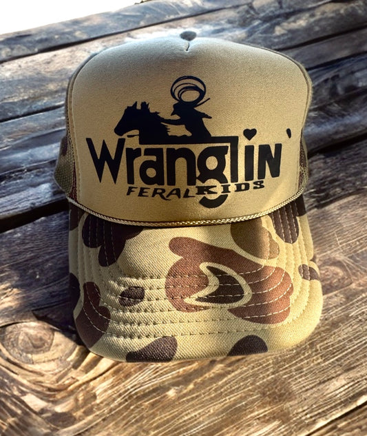 Trucker Hat Olive Green Camo Wranglin' Feral Kids