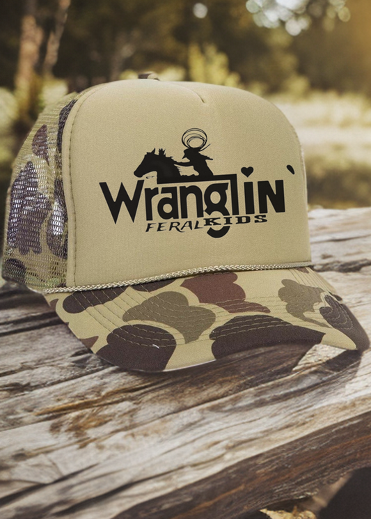 Trucker Hat Olive Green Camo Wranglin' Feral Kids